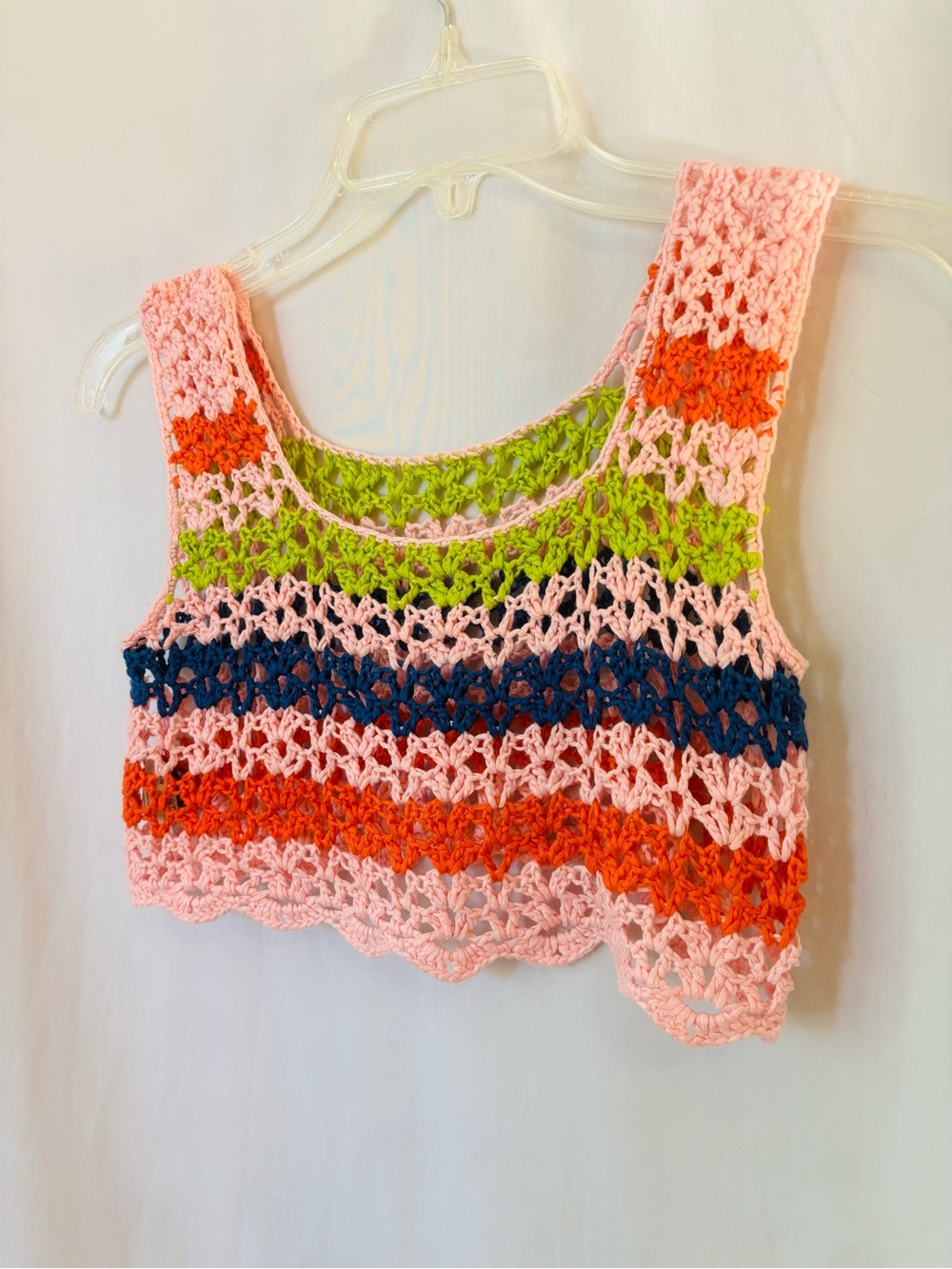 Crochet Crop Top Rainbow Stripe Scallop Hem Tank Womens L